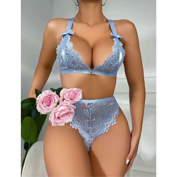 Sexy Lace Embroidered Blue Lingerie Set - Picture 7 of 10